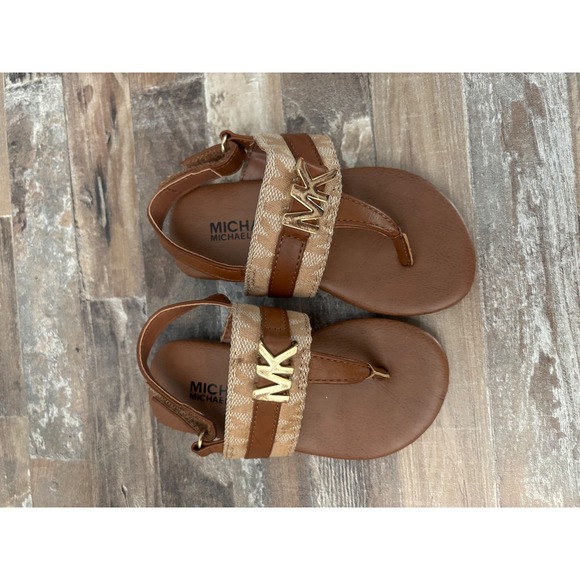 Michael Kors Kids Brown Sandals Size 6 Toddler Girls Gold MK Logo Cute - Picture 1 of 3
